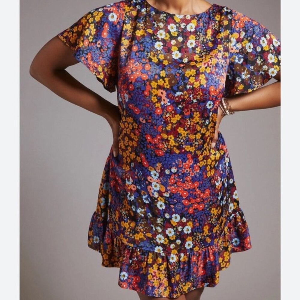 Anthropologie satin floral tie back mini dress